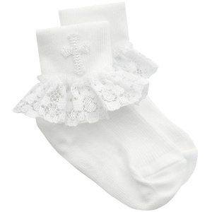Baby Girls White Lace Christening Cross Socks